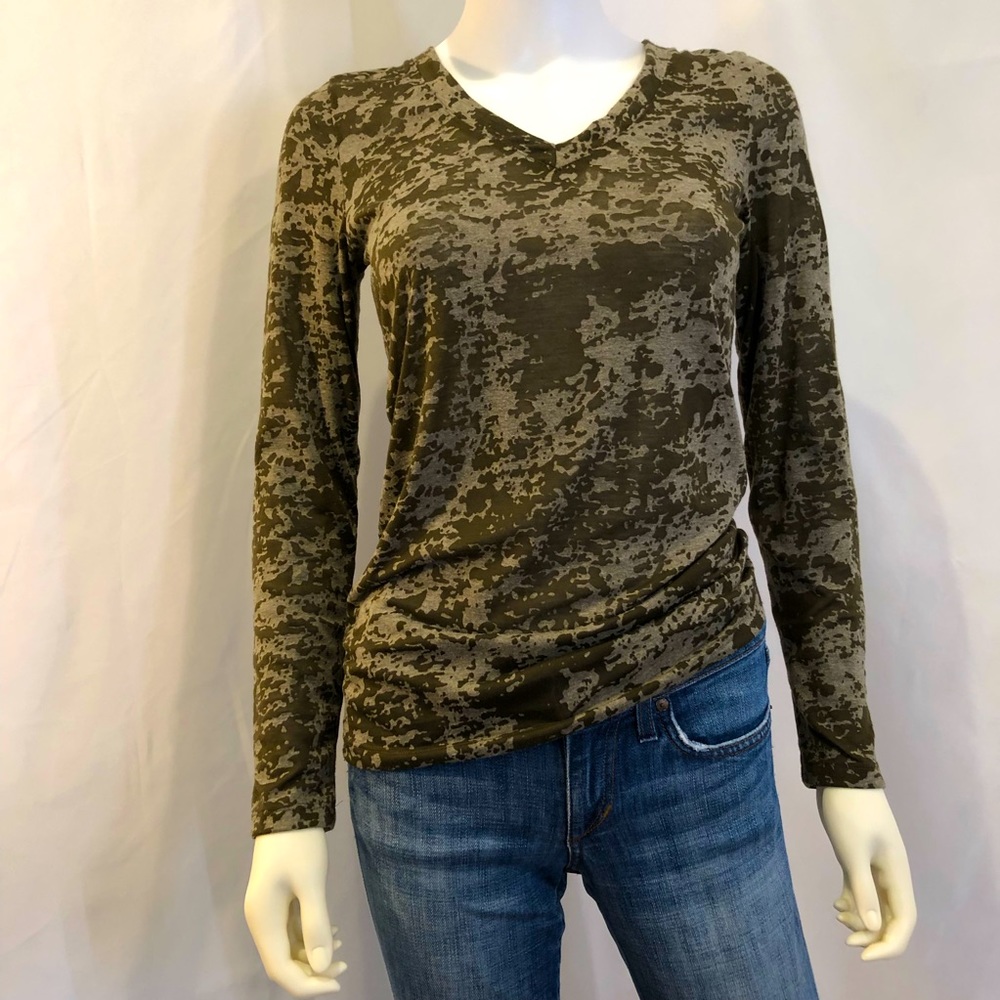 Sheer V Neck Camo Print Long Sleeve Tee, Size M